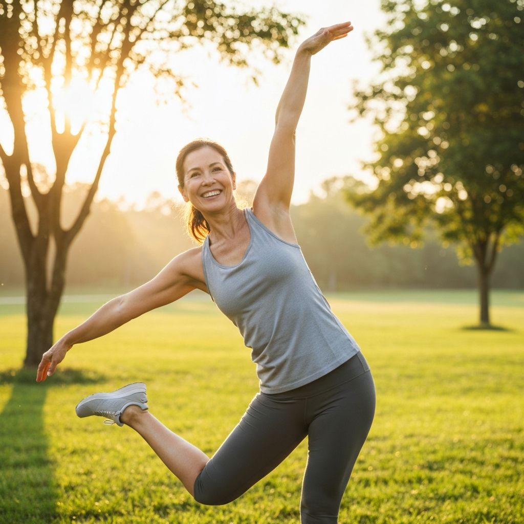Smiling person enjoying active life with stretching in natural setting