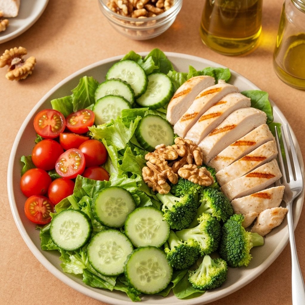 Balanced healthy meal with vegetables, fruits, and nuts